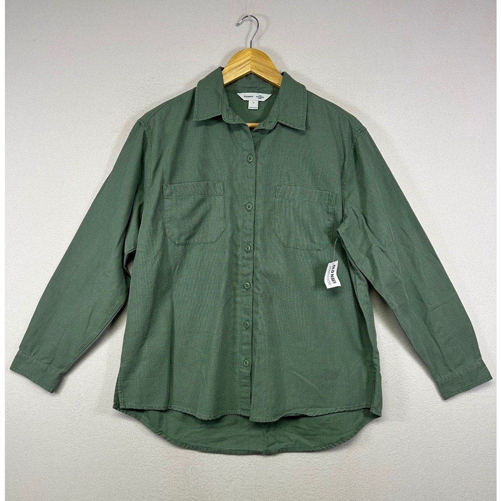 Utility Gorpcore NWT Old Navy Women M Green The Boyfriend Shirt Long Sleeve